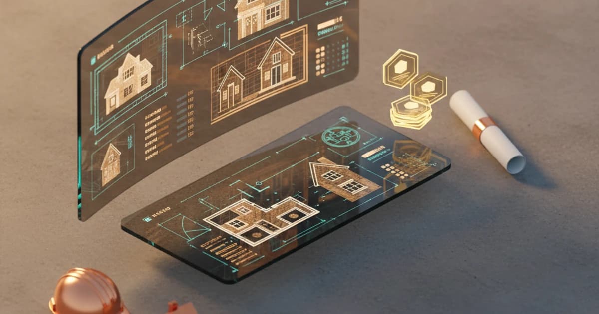 Illustration showing construction blueprints and real estate imagery connected by a laptop displaying AI-assisted certification study tools