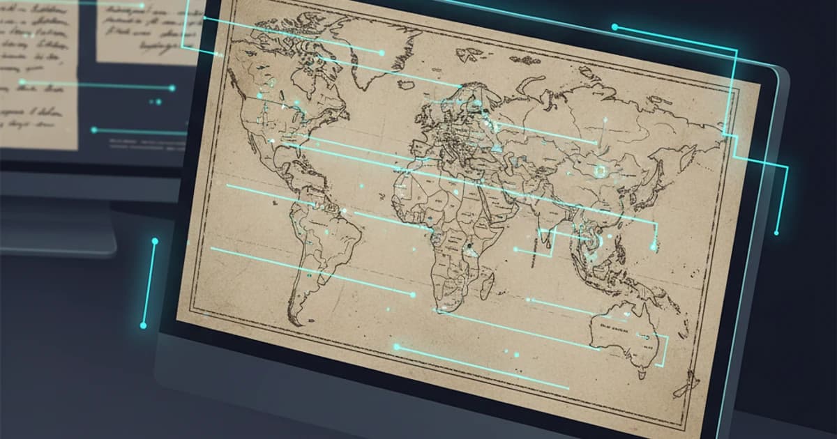 Historical map displayed on a computer screen being analyzed with AI-powered visual assistance tools