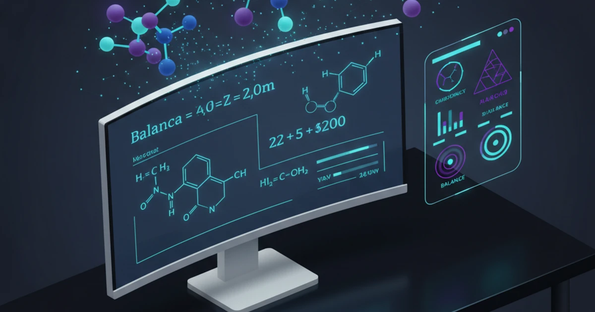 Visual illustration of balancing a chemical equation with ball-and-stick molecular models and an atom inventory table showing conservation of mass
