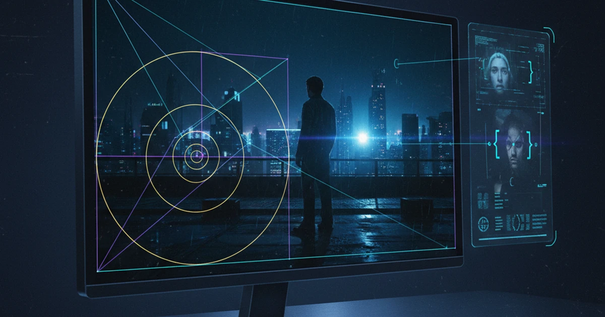 Laptop displaying a paused film scene with compositional analysis overlaid, on a film student's study desk