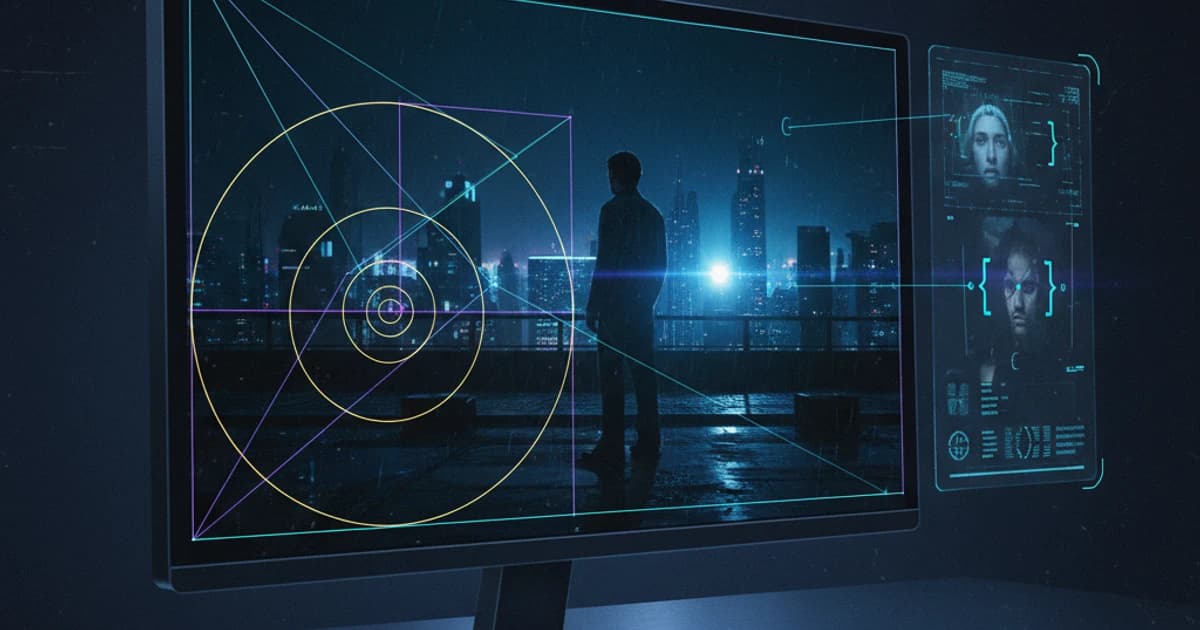 Laptop displaying a paused film scene with compositional analysis overlaid, on a film student's study desk