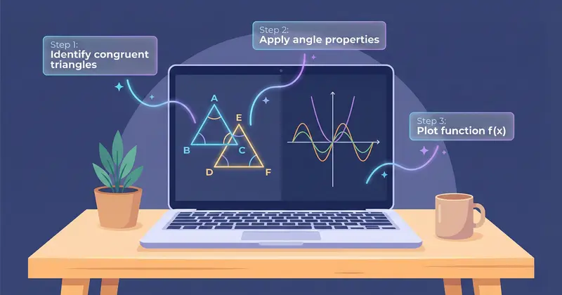 AI screen assistant analyzing geometry diagrams and function graphs on a laptop display with step-by-step explanations