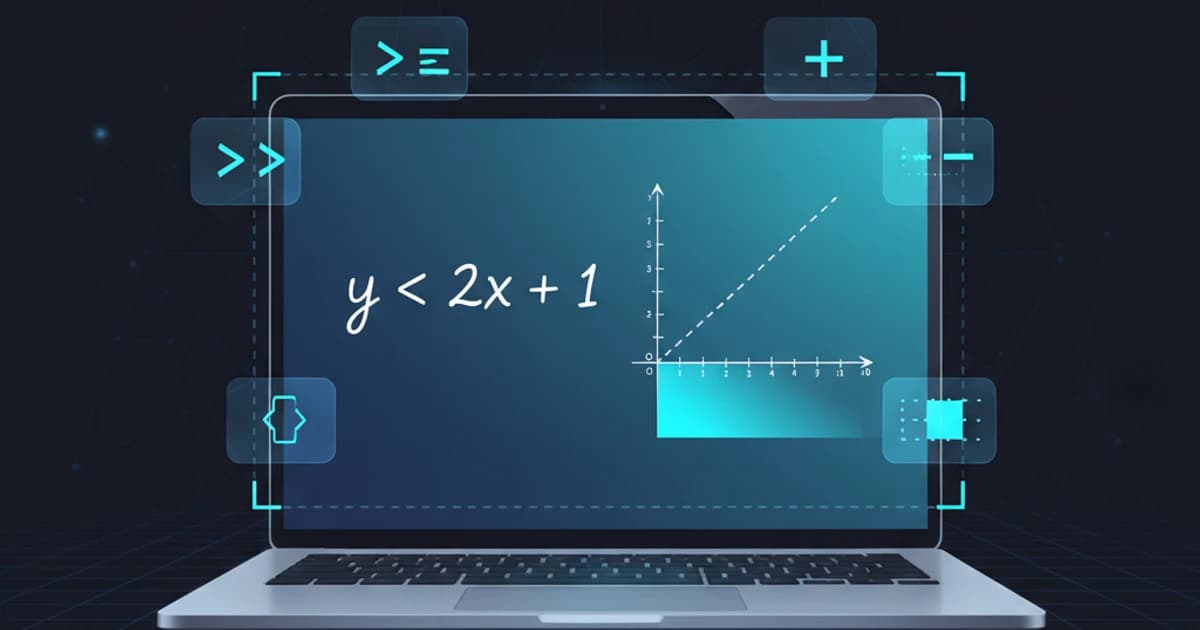 Study desk with notebook showing linear inequality solutions and a laptop displaying math problem steps