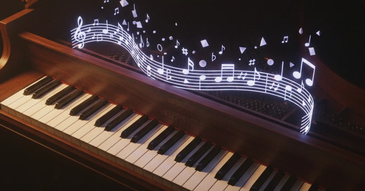 Computer screen displaying sheet music with AI analysis overlay, surrounded by headphones and a small keyboard on a clean desk