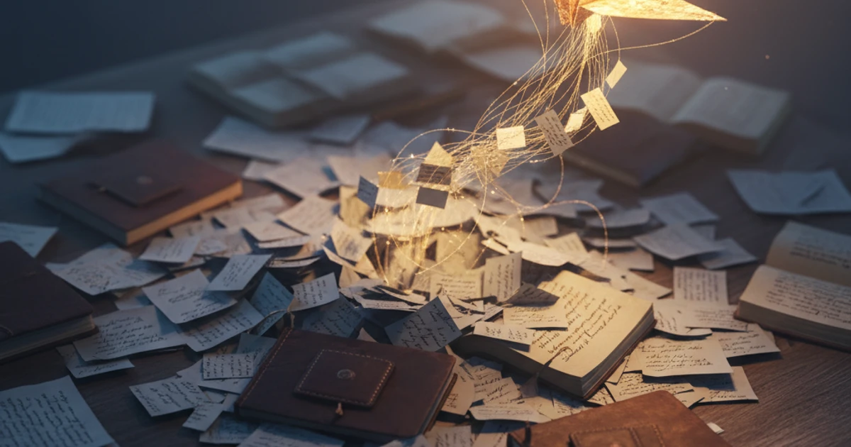 A desk workspace with a laptop showing research materials and an AI assistant suggesting writing outline ideas