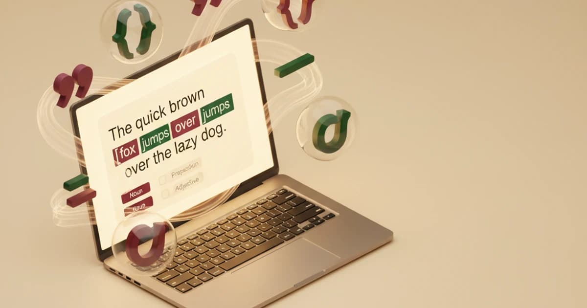 Laptop displaying English grammar exercises with AI-powered screen analysis providing instant explanations on a study desk