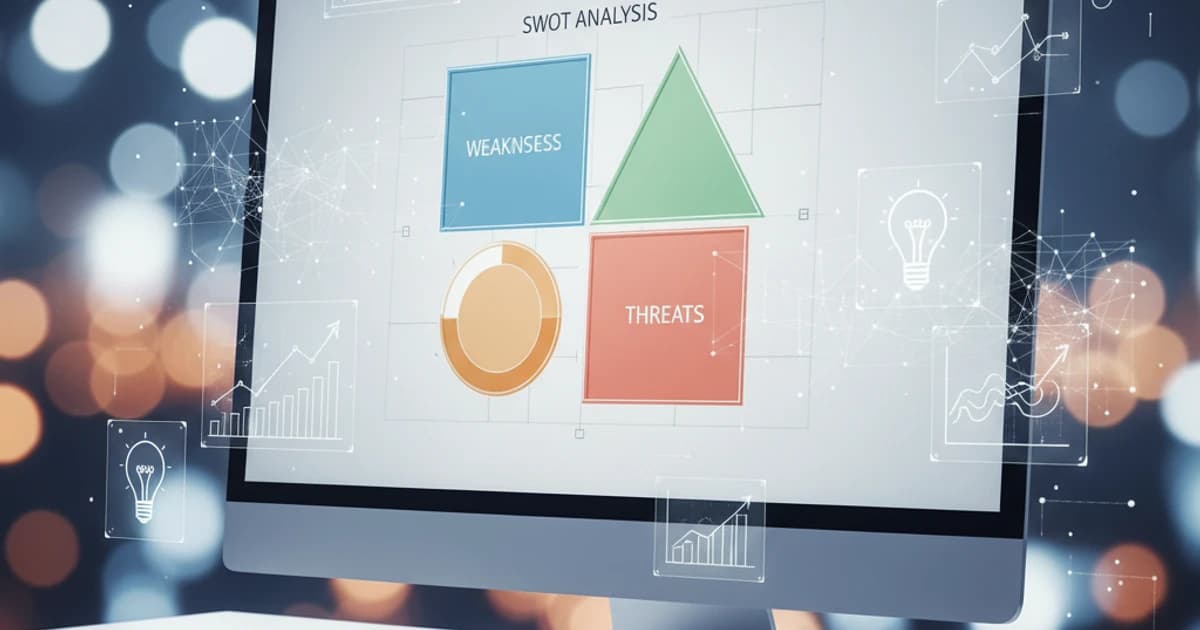 Laptop showing AI-assisted SWOT analysis matrix overlaid on a business case study with charts and financial data