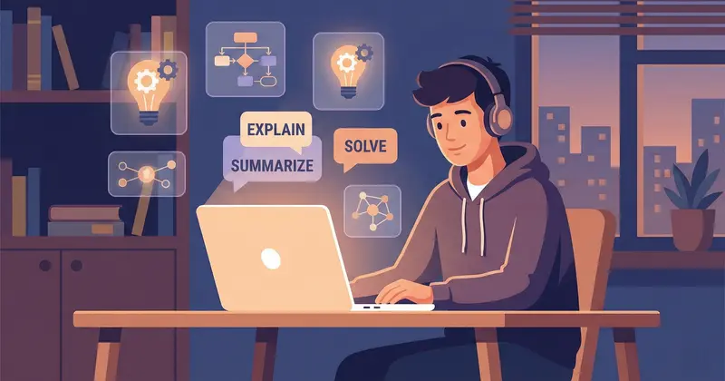 Illustration of a student using an AI screen assistant on their laptop to get instant study help and explanations