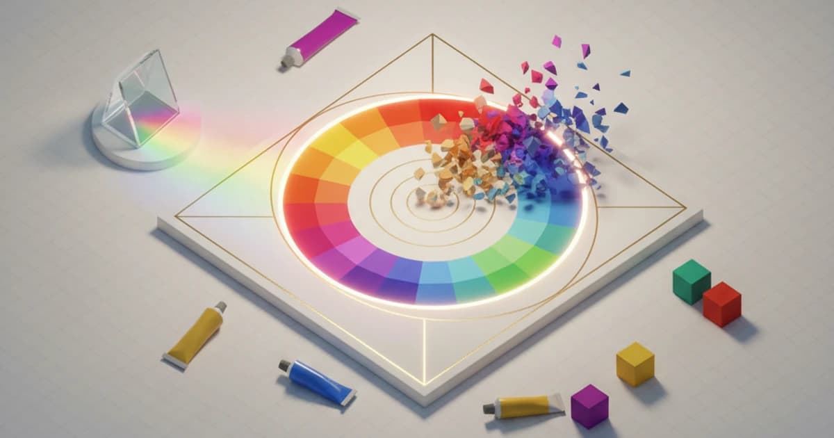 Educational illustration of color theory wheel and composition principles including rule of thirds and color harmonies