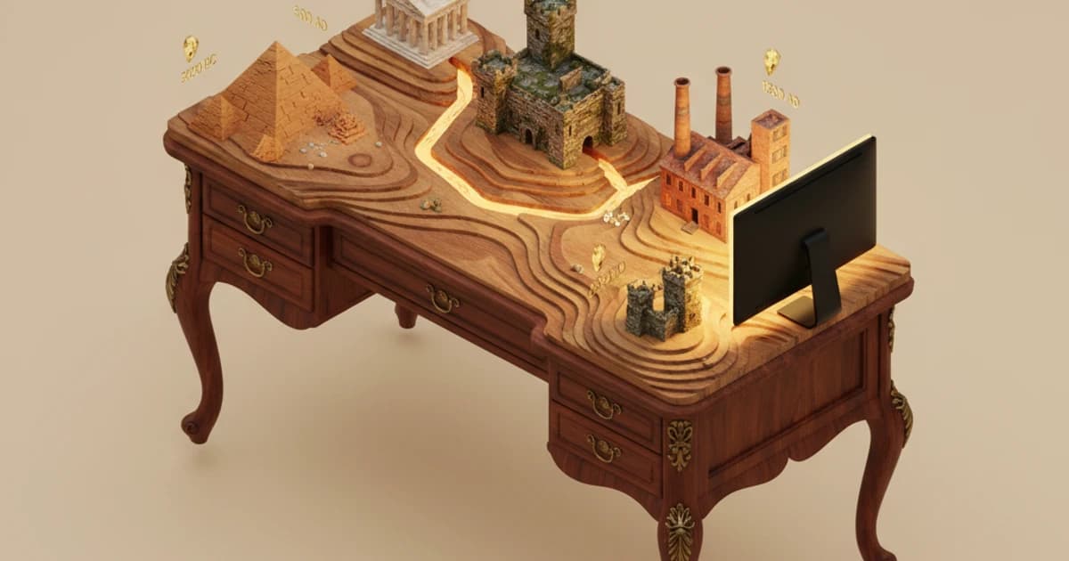 Study desk with a laptop showing a colorful historical timeline visualization alongside handwritten notes and a history textbook