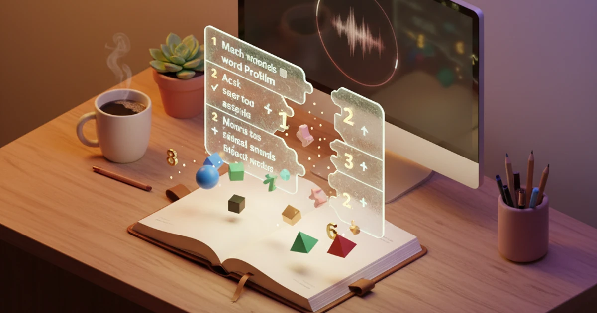 Study desk with math textbook, laptop showing AI-powered word problem breakdown, and smartphone displaying step-by-step solutions