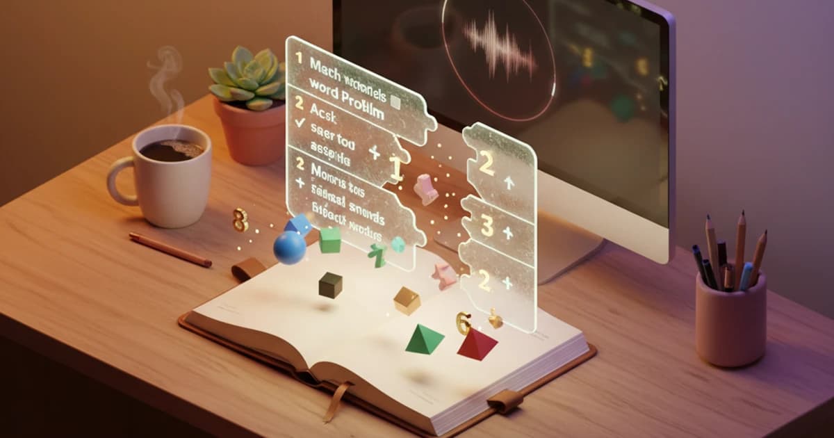 Study desk with math textbook, laptop showing AI-powered word problem breakdown, and smartphone displaying step-by-step solutions